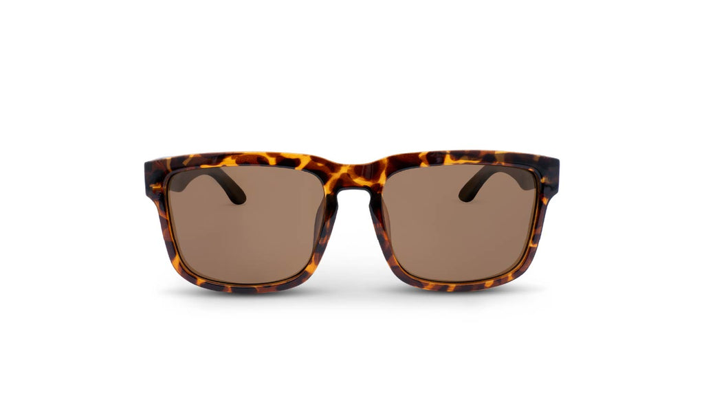 Optic Nerve Mashup Wood sunglasses with a tortoise frame and brown lenses on a white background