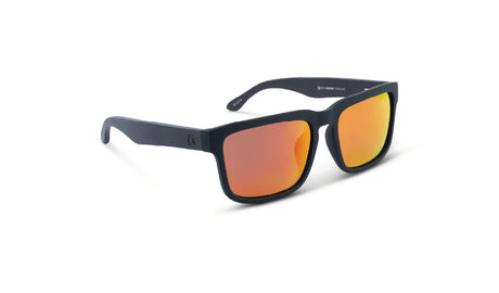 Optic Nerve Mashup Wood sunglasses with a black frame, smoke lenses, and a red mirror on a white background