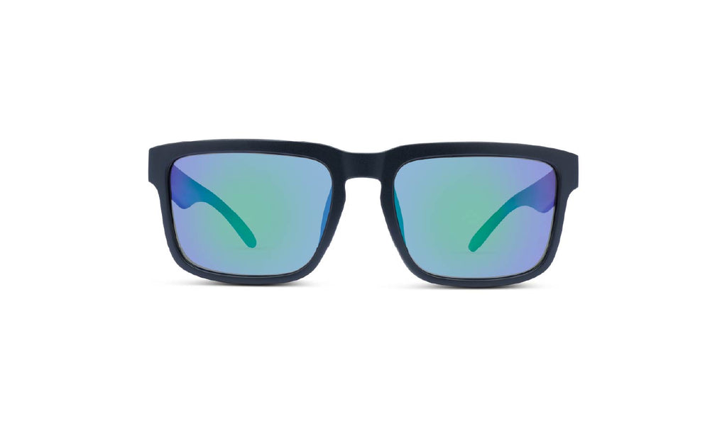 Optic Nerve Mashup XL sunglasses with a black frame, smoke lenses, and a green mirror on a white background