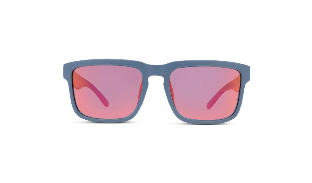 Optic Nerve Mashup XL sunglasses with a blue and black frame, smoke lenses, and a red mirror on a white background