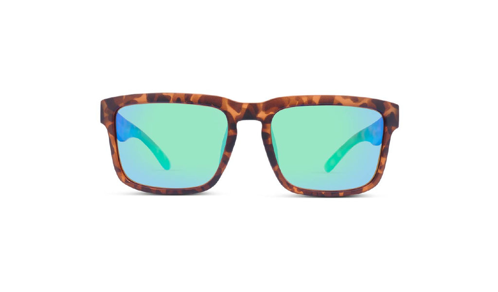 Optic Nerve Mashup XL sunglasses with a tortoise frame, brown lens, and a green mirror on a white background