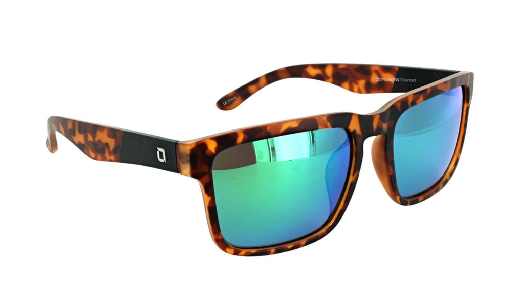 Optic Nerve Mashup XL sunglasses with a tortoise frame, brown lens, and a green mirror on a white background