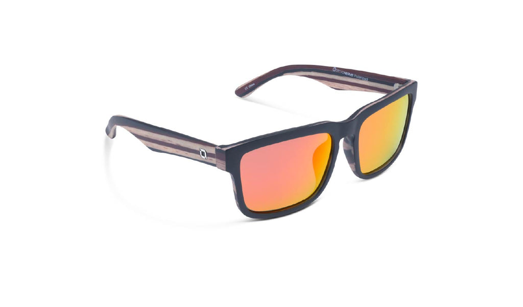 Optic Nerve Mashup sunglasses with a black frame, smoke lens, and red mirror on a white background