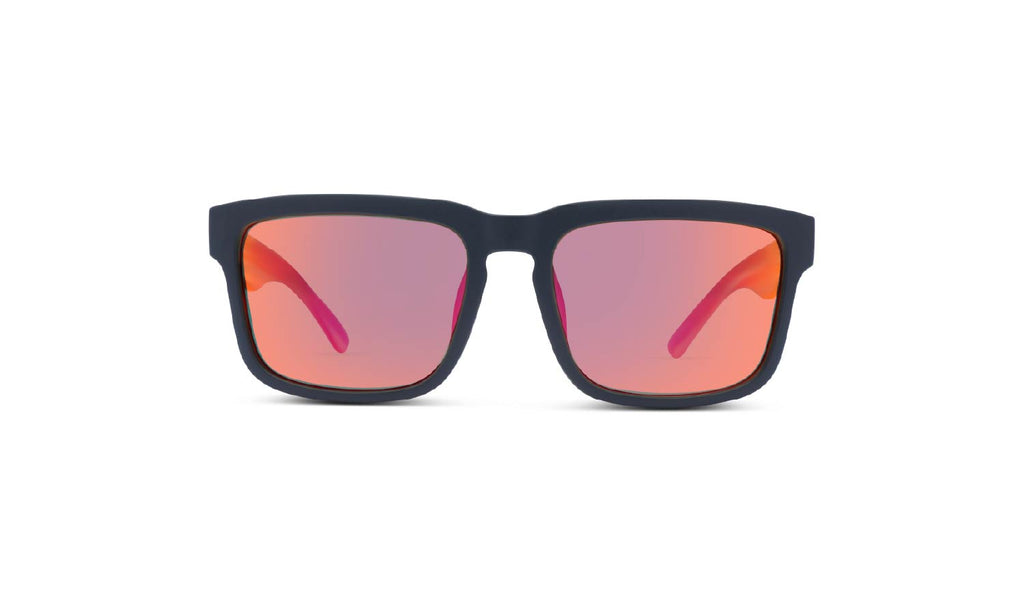 Optic Nerve Mashup sunglasses with a black frame, smoke lenses, and a red mirror on a white background