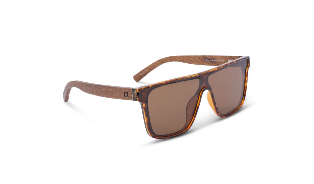 Optic Nerve Mojo Filter Wood sunglasses with FSC wood temples, tortoise frame and brown lens on a white background
