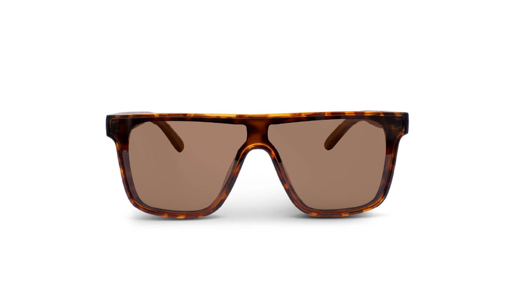 Optic Nerve Mojo Filter Wood sunglasses with FSC wood temples, tortoise frame and brown lens on a white background