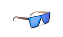 Optic Nerve Mojo Filter Wood Sunglasses with FSC wood temples, black frame, smoke lens, and a blue mirror on a white background