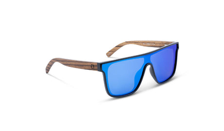 Optic Nerve Mojo Filter Wood Sunglasses with FSC wood temples, black frame, smoke lens, and a blue mirror on a white background