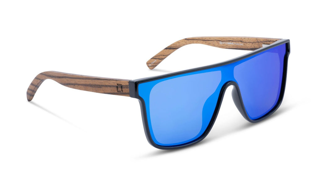 Optic Nerve Mojo Filter Wood Sunglasses with FSC wood temples, black frame, smoke lens, and a blue mirror on a white background