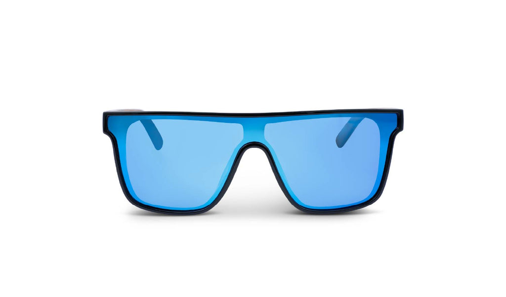Optic Nerve Mojo Filter Wood Sunglasses with FSC wood temples, black frame, smoke lens, and a blue mirror on a white background