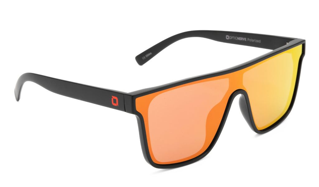 Optic Nerve Mojo Filter sunglasses with a black frame, smoke lens, and a red mirror with a white background