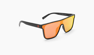 Optic Nerve Mojo Filter sunglasses with a black frame, smoke lens, and a red mirror with a white background