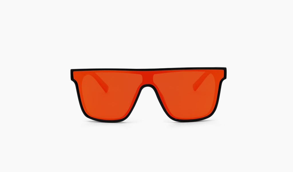 Optic Nerve Mojo Filter sunglasses with a black frame, smoke lens, and a red mirror on a white background