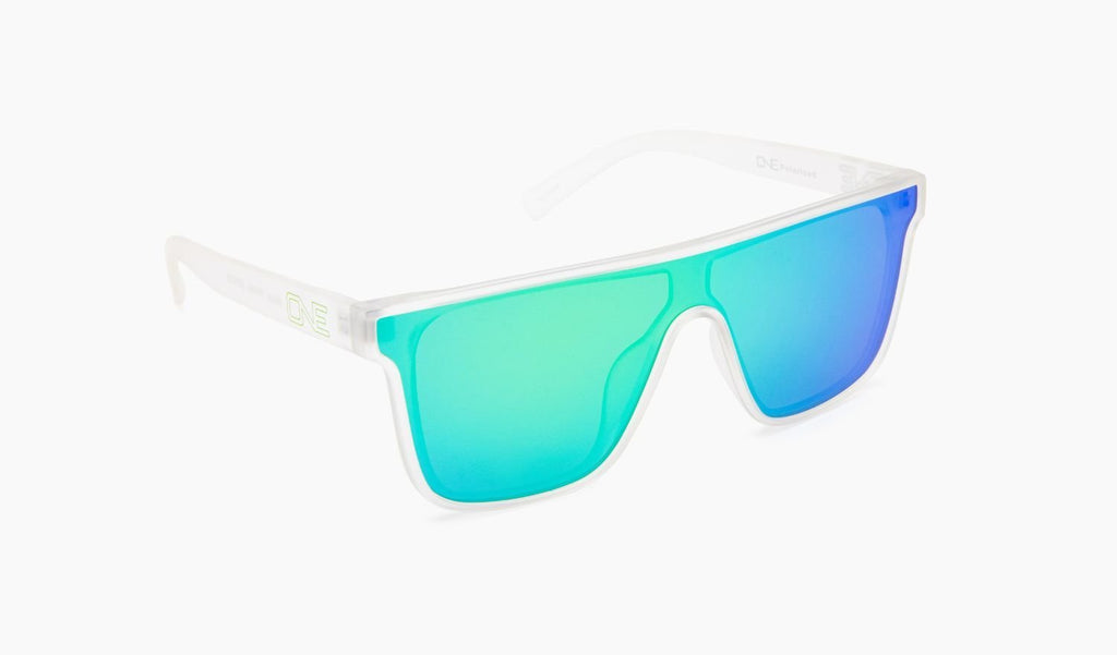 Optic Nerve Mojo Filter sunglasses with a clear frame, smoke lens, and green mirror on a white background