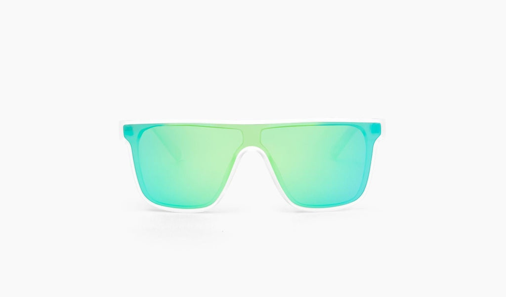 Optic Nerve Mojo Filter sunglasses with a clear frame, smoke lens, and green mirror on a white background