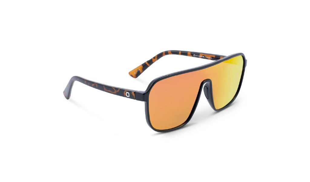 Optic Nerve Montrose sunglasses with a tortoise frame, smoke lens, and a red mirror on a white background