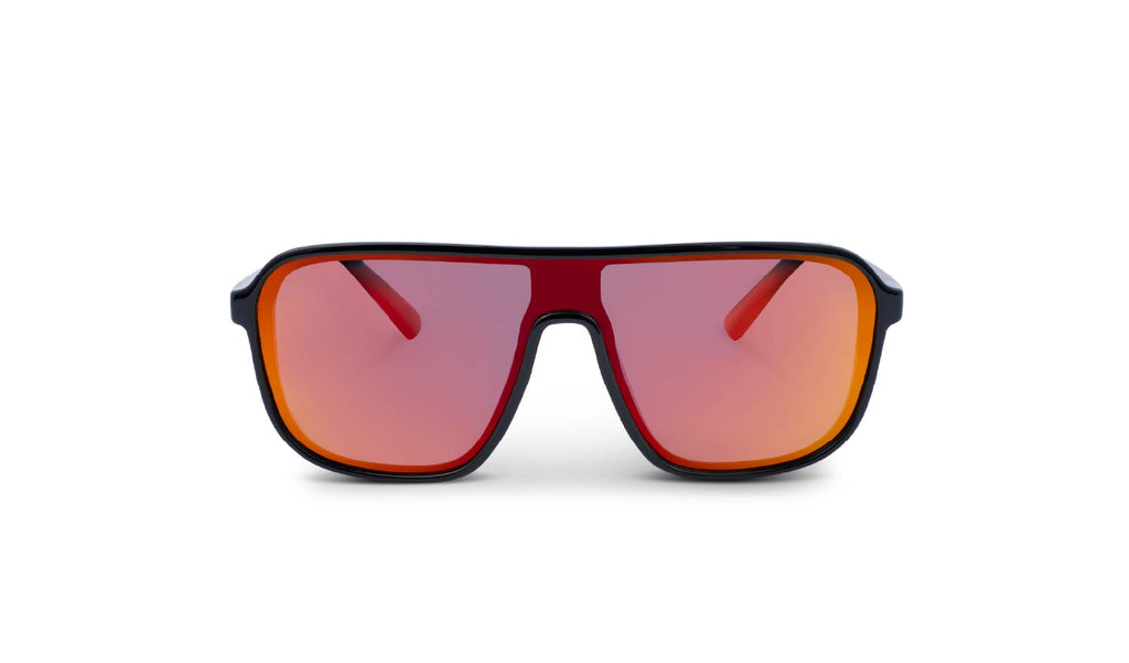 Optic Nerve Montrose sunglasses with a tortoise frame, smoke lens, and a red mirror on a white background