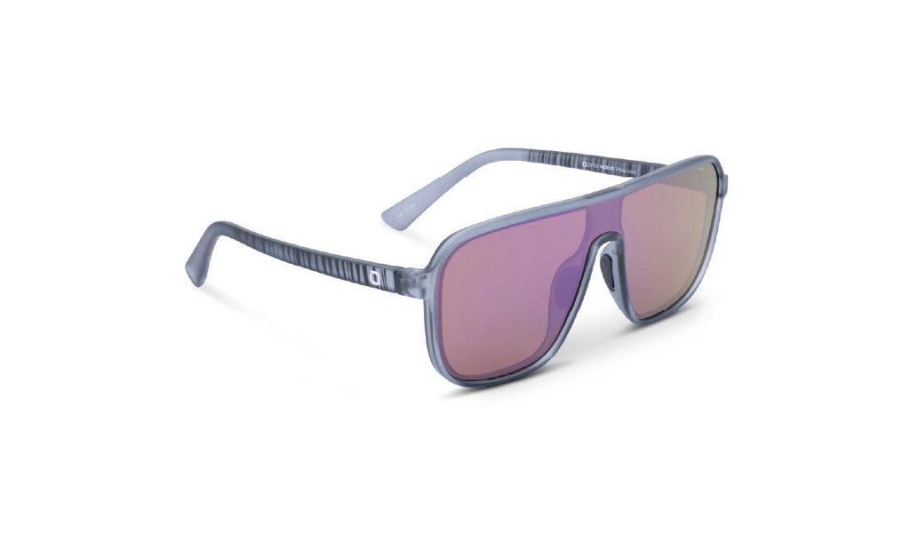 Optic Nere Montrose sunglasses with a gray frame, brown lens, and a purple mirror on a white background