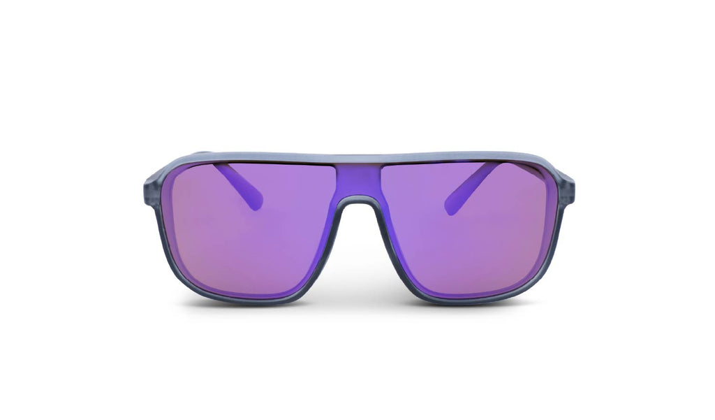 Optic Nere Montrose sunglasses with a gray frame, brown lens, and a purple mirror on a white background