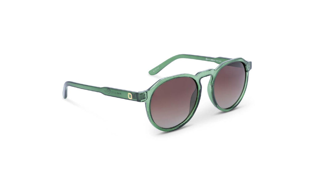 Optic Nerve RiNO sunglasses with a green frame and brown lens on a white background