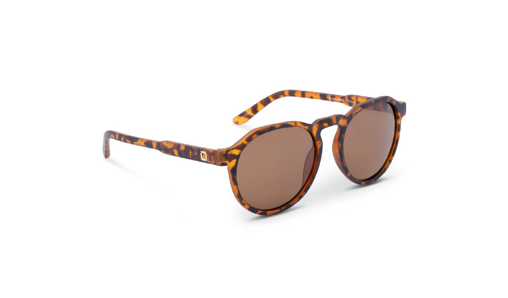Optic Nerve RiNO sunglasses with a tortoise frame and brown lens on a white background