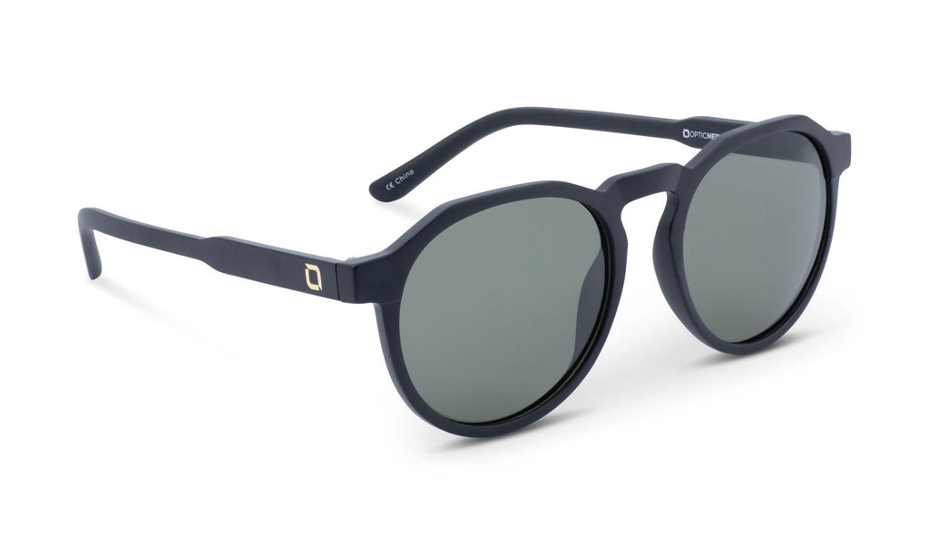 Optic Nerve RiNO Sunglasses with a black frame and smoke mirror on a white background