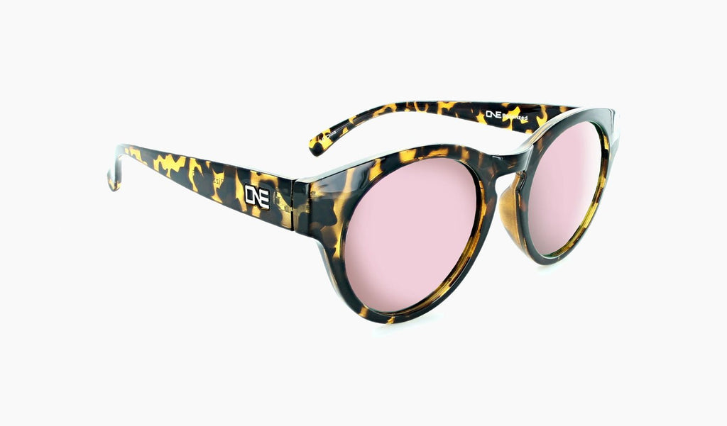 Optic Nerve Rizzo sunglasses with a tortoise frame, brown lenses, and a rose mirror on a white background
