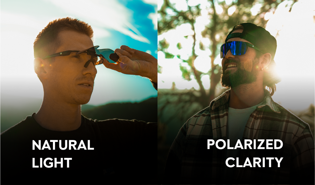 Two men wearing Optic Nerve Rockpile sunglasses. Text on image reads "Natural Light. Polarized Clarity"