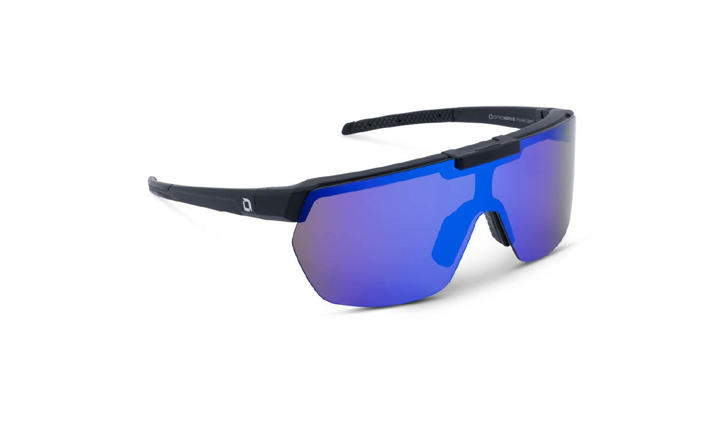 Optic Nerve Rockpile sunglasses with a black frame, brown lens, and a blue mirror on a white background.