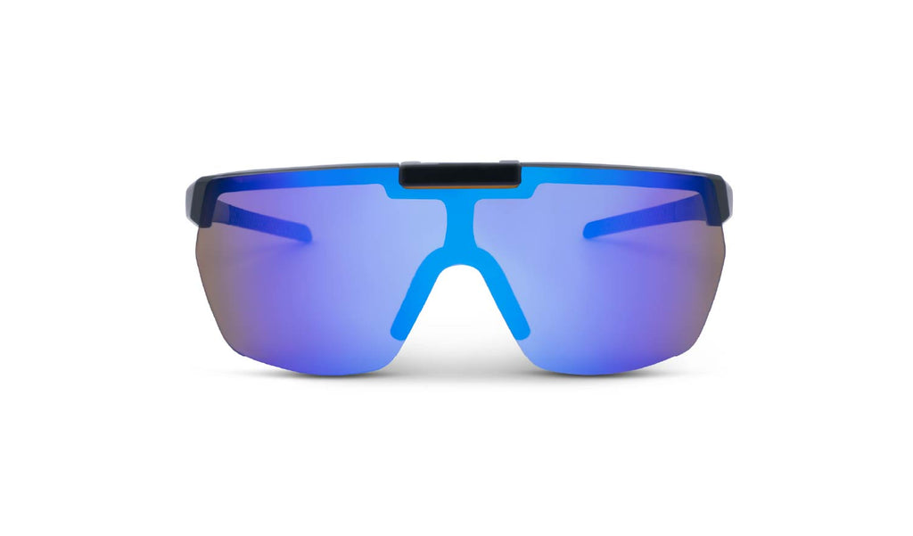 Optic Nerve Rockpile sunglasses with a black frame, brown lens, and a blue mirror on a white background