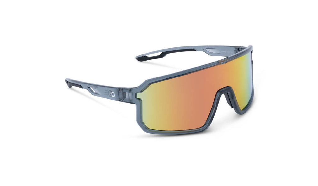 Optic Nerve Scraggy sunglasses with a gray frame, smoke lens, and a red mirror on a white background