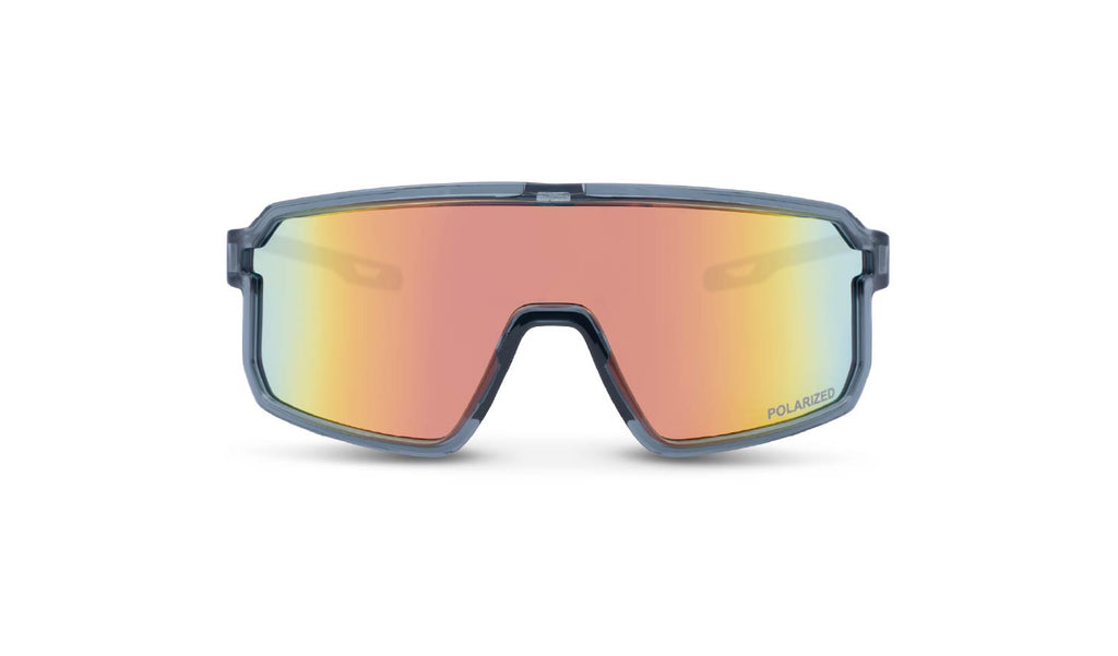 Optic Nerve Scraggy sunglasses with a gray frame, smoke lens, and a red mirror on a white background