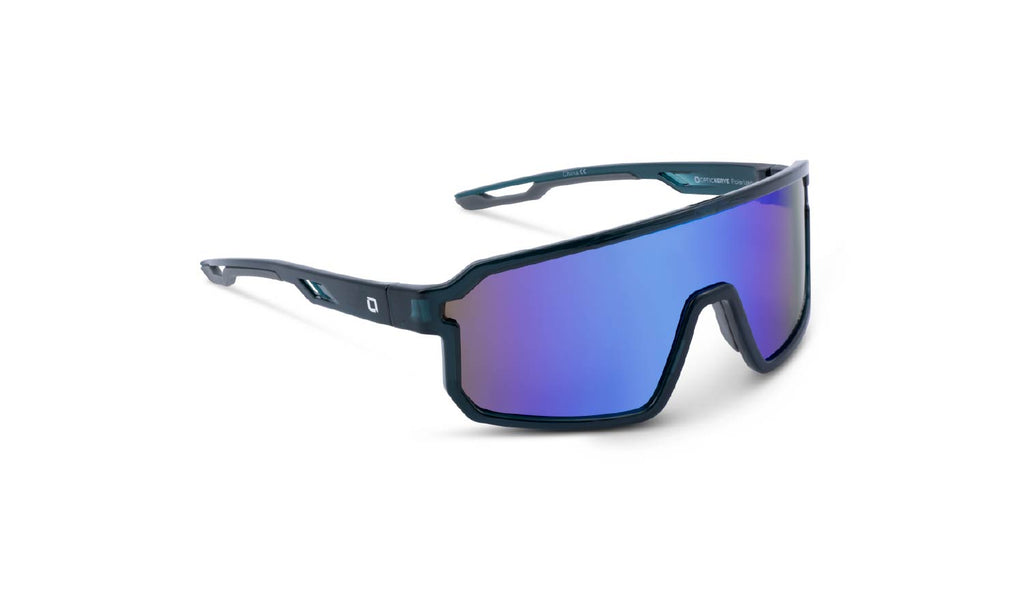 Optic Nerve Scraggy sunglasses with a blue frame, brown lens, and a blue mirror on a white background