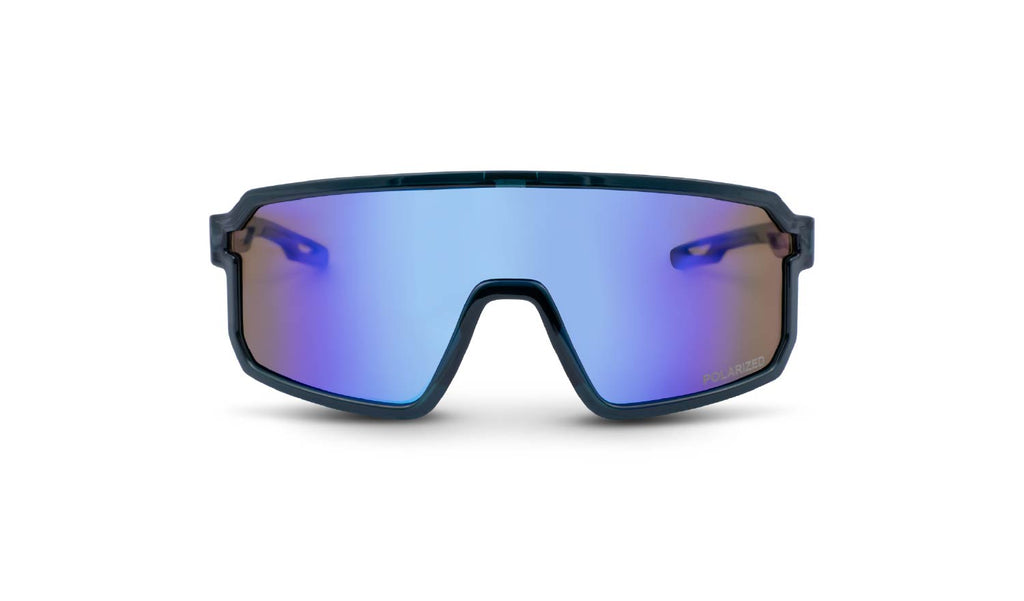 Optic Nerve Scraggy sunglasses with a blue frame, brown lens, and a blue mirror on a white background