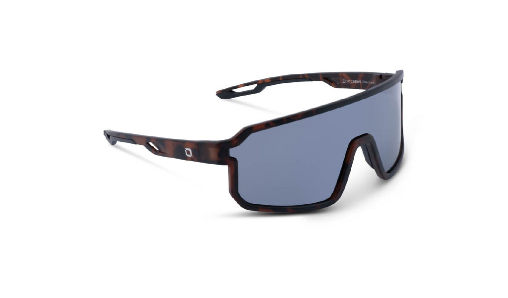 Optic Nerve Scraggy Sunglasses with a tortoise frame, smoke lens, and a silver mirror on a white background