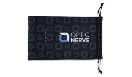 Black drawstring pouch with Optic Nerve logo on a white background