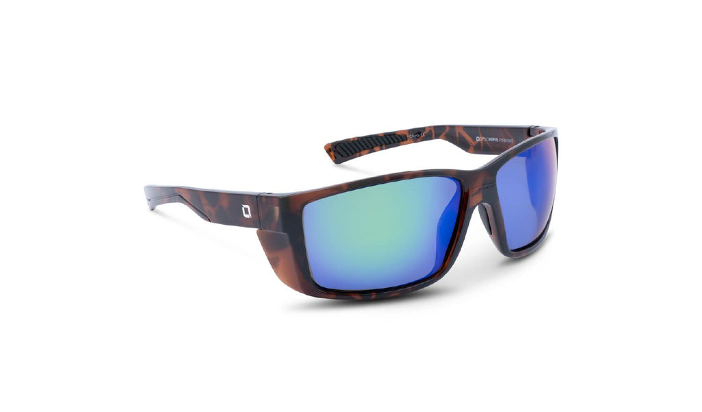Optic Nerve Staunton sunglasses with a tortoise frame, smoke lenses, and a green mirror, on a white background