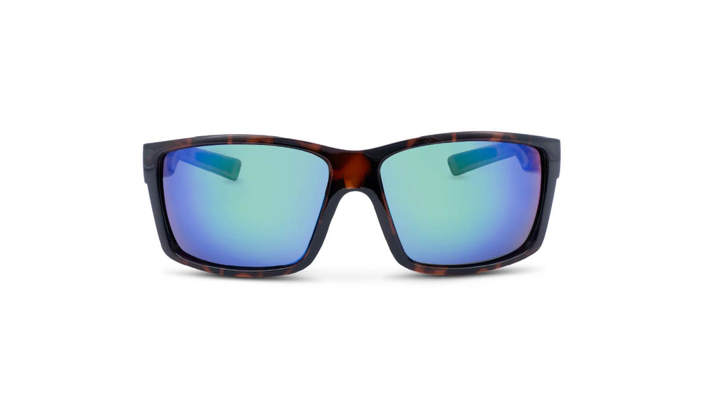 Optic Nerve Staunton sunglasses with a tortoise frame, smoke lenses, and a green mirror, on a white background