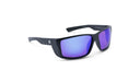 Optic Nerve Staunton sunglasses with a black frame, brown lenses, and a blue mirror on a white background.