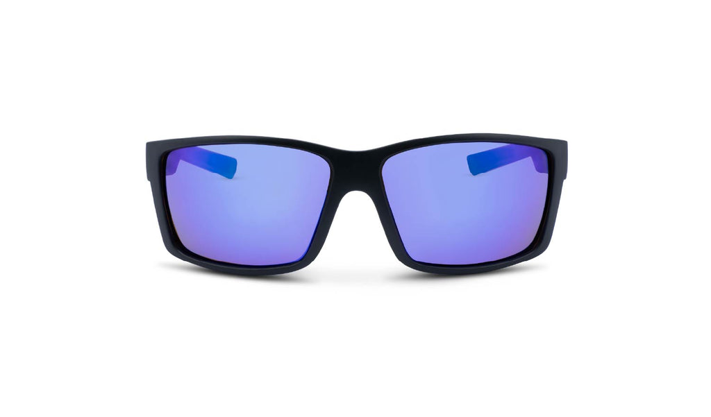Optic Nerve Staunton sunglasses with a black frame, brown lenses, and a blue mirror on a white background.