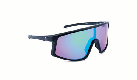Optic Nerve Stone Cat HYDROGLARE Sunglasses with a black frame, brown lens, and a green mirror on a white background