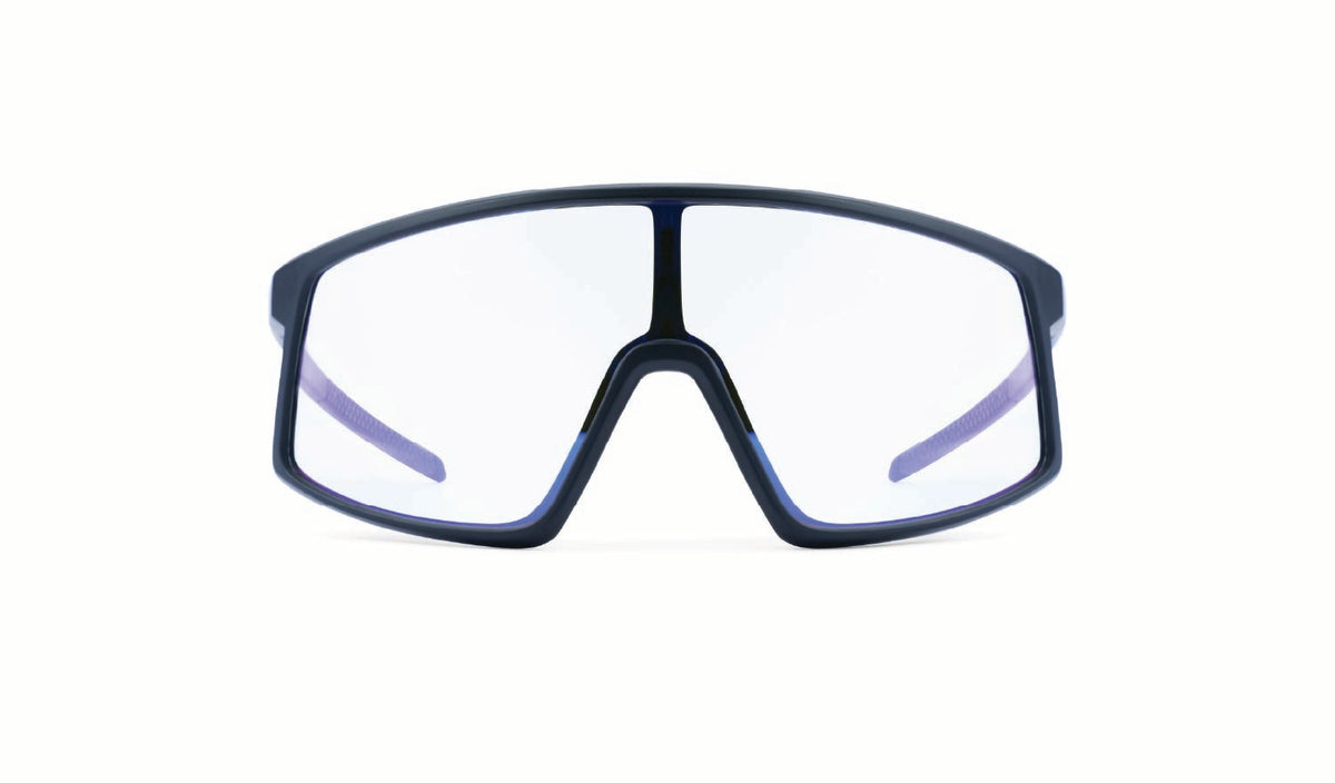 Optic Nerve Stone Cat Photochromic sunglasses with a black frame, photochromic lens, and a blue mirror on a white background