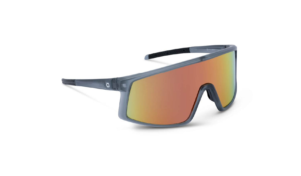 Optic Nerve Stone Cat sunglasses with a gray frame, smoke lens, and a red mirror on a white background