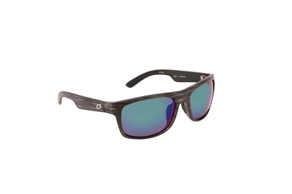 Optic Nerve Timberline sunglasses with a gray driftwood frame, smoke lenses, and a green mirror on a white background.