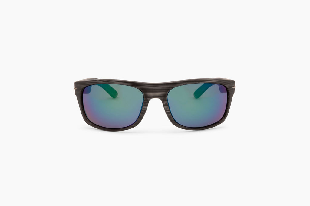 Optic Nerve Timberline sunglasses with a gray driftwood frame, smoke lenses, and a green mirror on a white background.