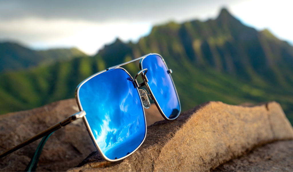 Optic Nerve Tuner sunglasses with a silver frame, smoke lenses, and a blue mirror perched on a rock with a blurred mountainous background.
