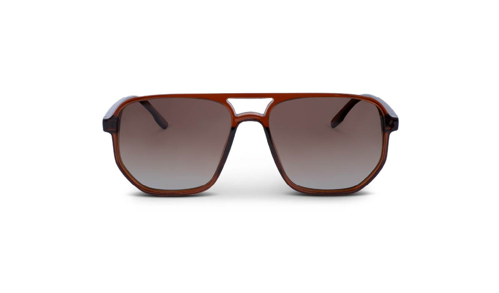 Optic Nerve Wonderspoon sunglasses with a brown frame and brown lenses on a white background.