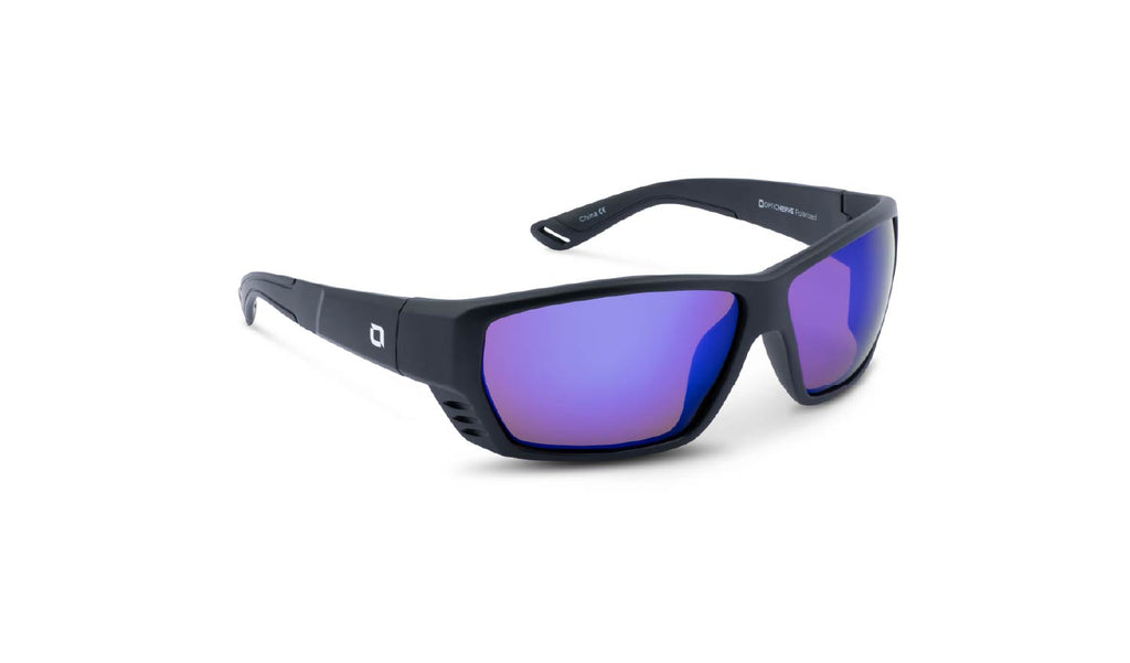 Optic Nerve Yampa sunglasses with a black frame, brown lenses, and a blue mirror on a white background.