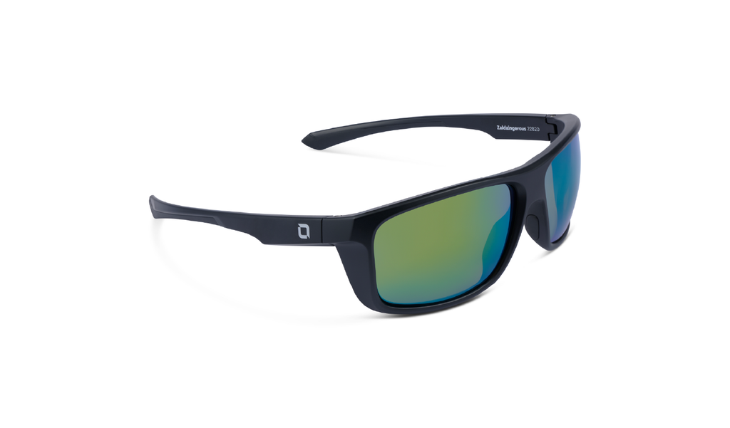 Zaldaingerous Cuda Sunglasses with a black frame, amber lens, and a green mirror on a white background