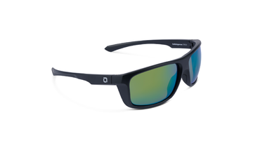 Zaldaingerous Cuda Sunglasses with a black frame, amber lens, and a green mirror on a white background